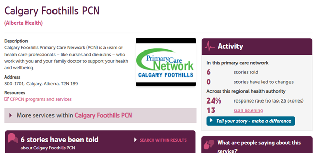 Screenshot of Calgary Foothills PCN service page